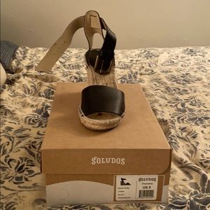 Soludos Black Leather Wedge Espadrille